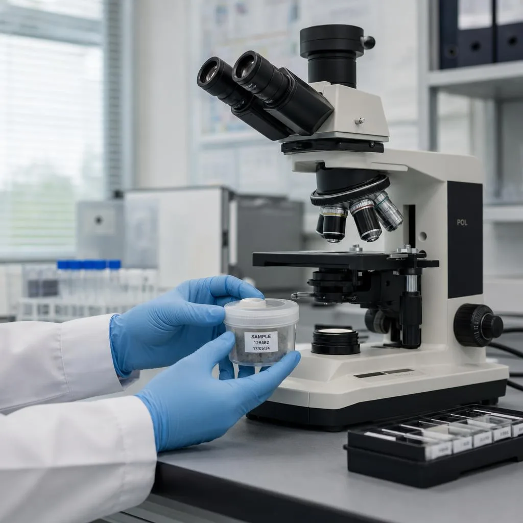 Illustration of laboratory equipment and a sealed materials sample